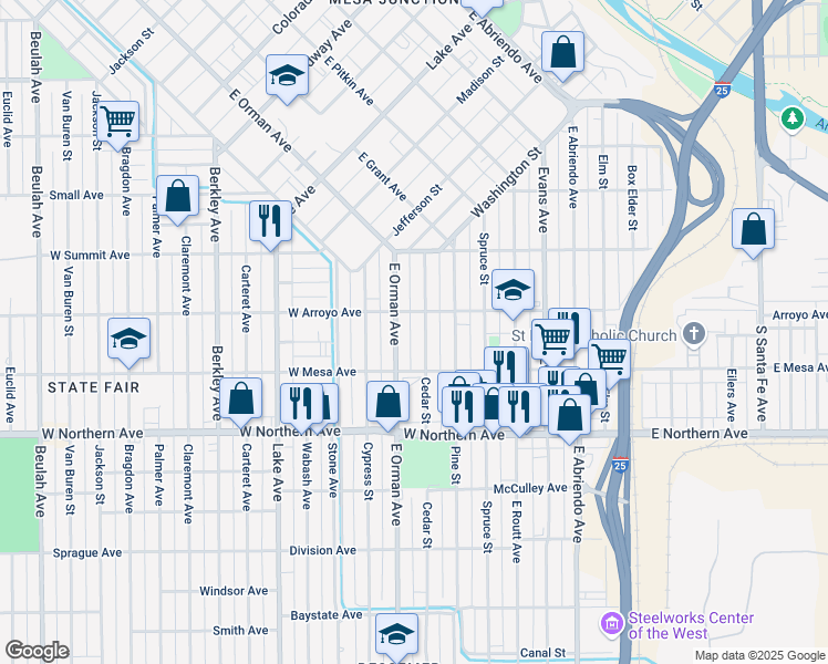 map of restaurants, bars, coffee shops, grocery stores, and more near 1121 Cedar Street in Pueblo