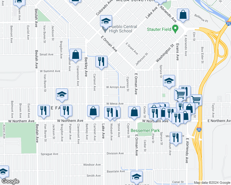 map of restaurants, bars, coffee shops, grocery stores, and more near 1106 Agate Place in Pueblo