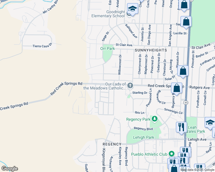 map of restaurants, bars, coffee shops, grocery stores, and more near 5000 Red Creek Springs Road in Pueblo