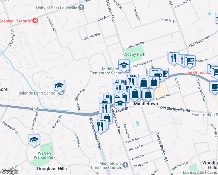 map of restaurants, bars, coffee shops, grocery stores, and more near 324 Heritage Hill Trail in Louisville