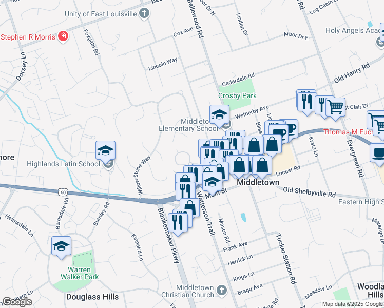 map of restaurants, bars, coffee shops, grocery stores, and more near 324 Heritage Hill Trail in Louisville