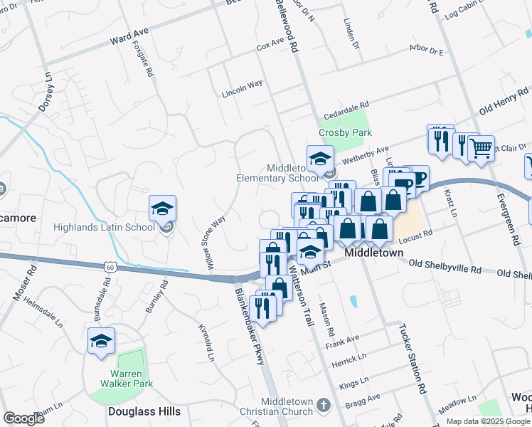 map of restaurants, bars, coffee shops, grocery stores, and more near 324 Heritage Hill Trail in Louisville
