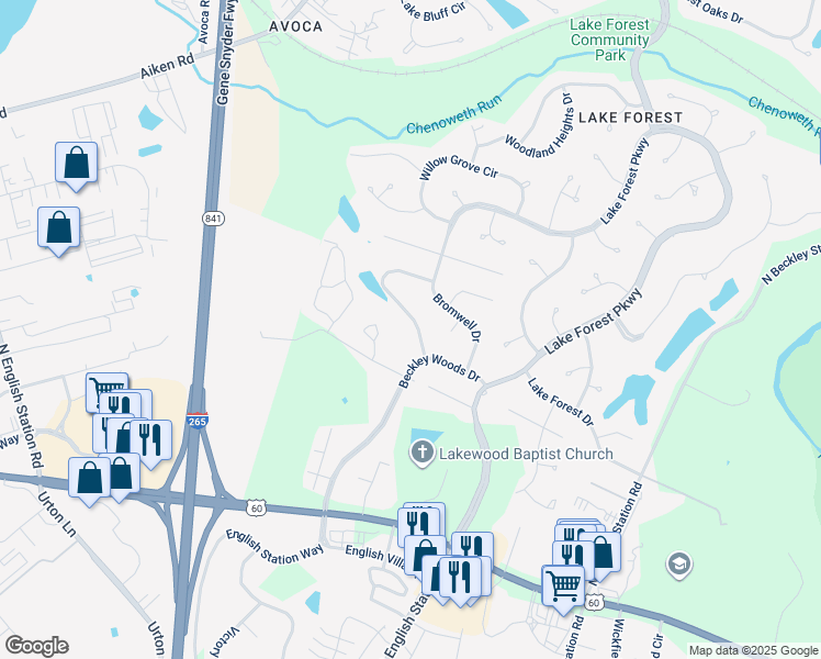 map of restaurants, bars, coffee shops, grocery stores, and more near 406 Timberlake Trail in Louisville