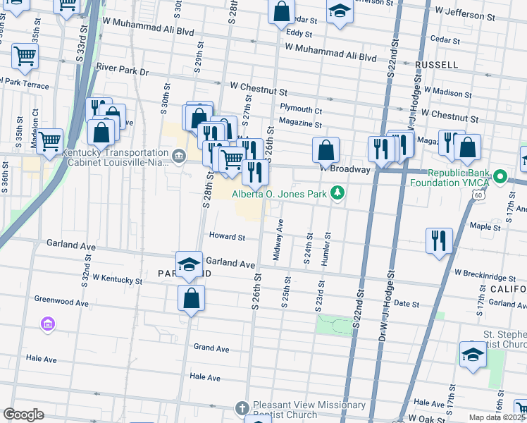 map of restaurants, bars, coffee shops, grocery stores, and more near South 26th Street in Louisville