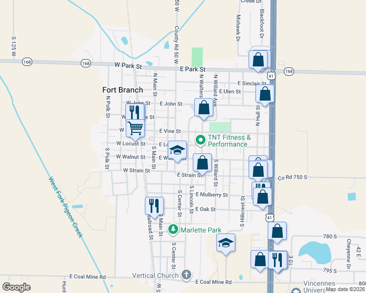 map of restaurants, bars, coffee shops, grocery stores, and more near 305 East Locust Street in Fort Branch