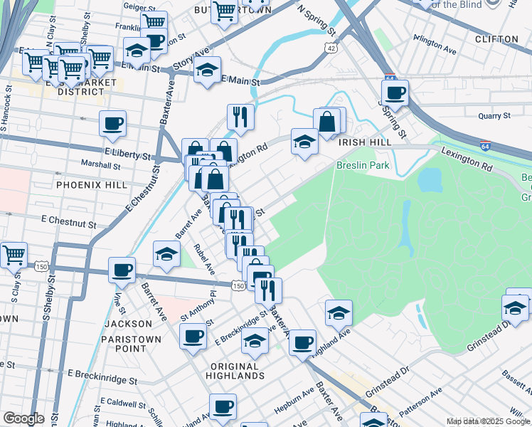 map of restaurants, bars, coffee shops, grocery stores, and more near 1212 Payne Street in Louisville