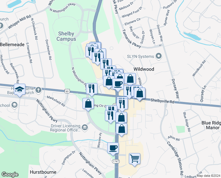 map of restaurants, bars, coffee shops, grocery stores, and more near 9409 Shelbyville Road in Louisville