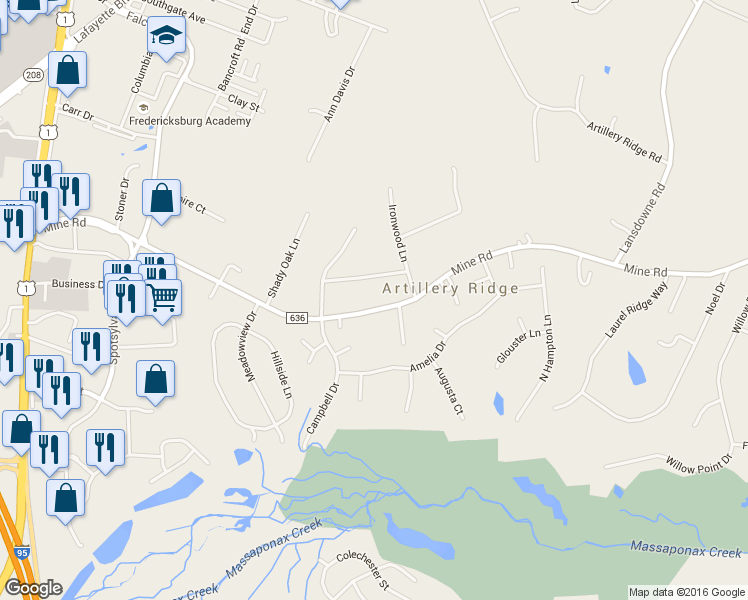 map of restaurants, bars, coffee shops, grocery stores, and more near 4319 Mine Road in Fredericksburg