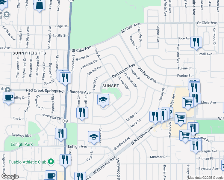 map of restaurants, bars, coffee shops, grocery stores, and more near 28 University Circle in Pueblo