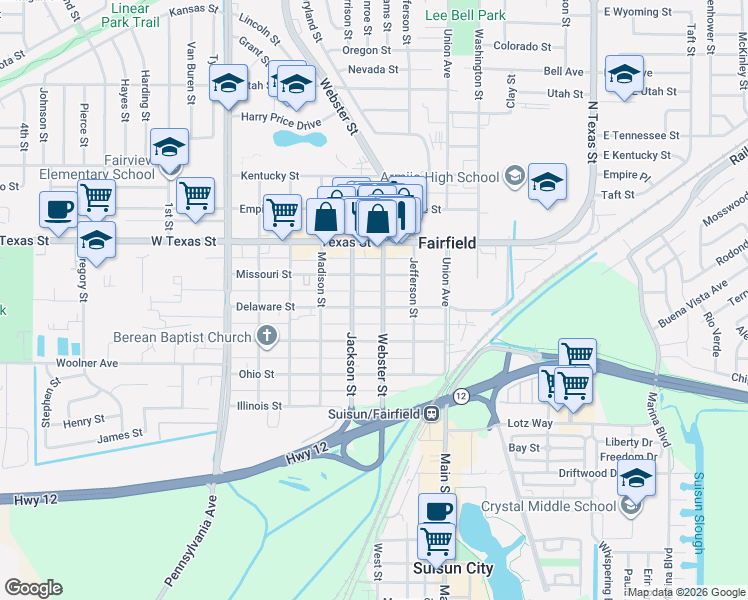 map of restaurants, bars, coffee shops, grocery stores, and more near 812 Delaware Street in Fairfield