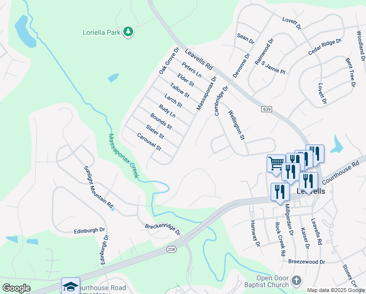 map of restaurants, bars, coffee shops, grocery stores, and more near 6110 Massaponax Drive in Fredericksburg