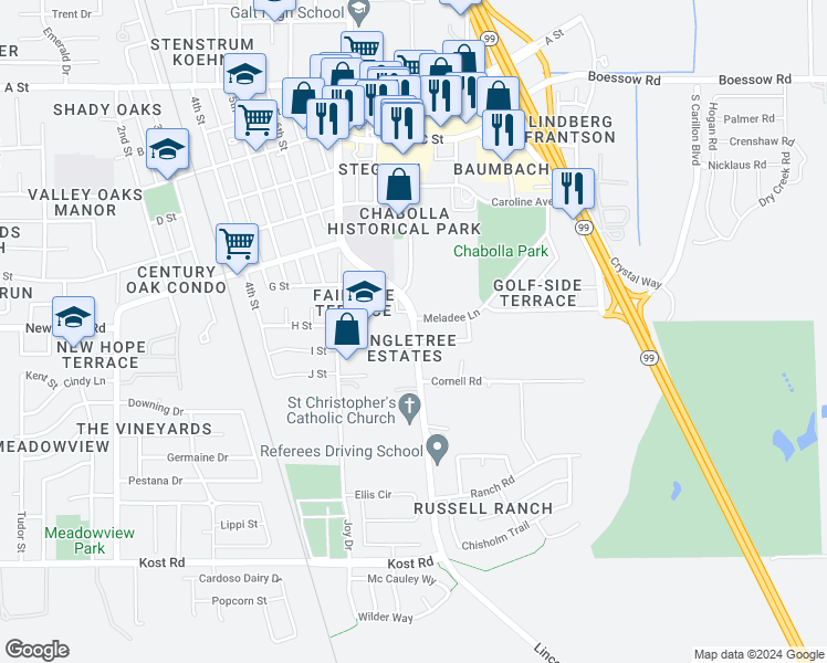map of restaurants, bars, coffee shops, grocery stores, and more near 806 South Lincoln Way in Galt