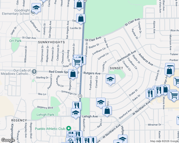 map of restaurants, bars, coffee shops, grocery stores, and more near 16 Rutgers Avenue in Pueblo