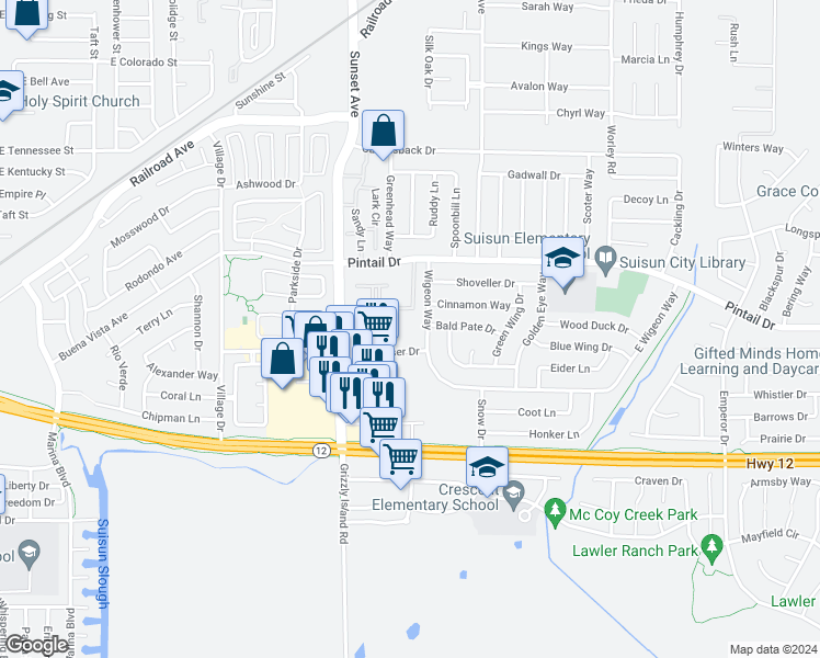 map of restaurants, bars, coffee shops, grocery stores, and more near in Suisun City