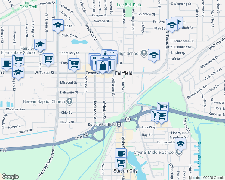 map of restaurants, bars, coffee shops, grocery stores, and more near 627 Delaware Street in Fairfield