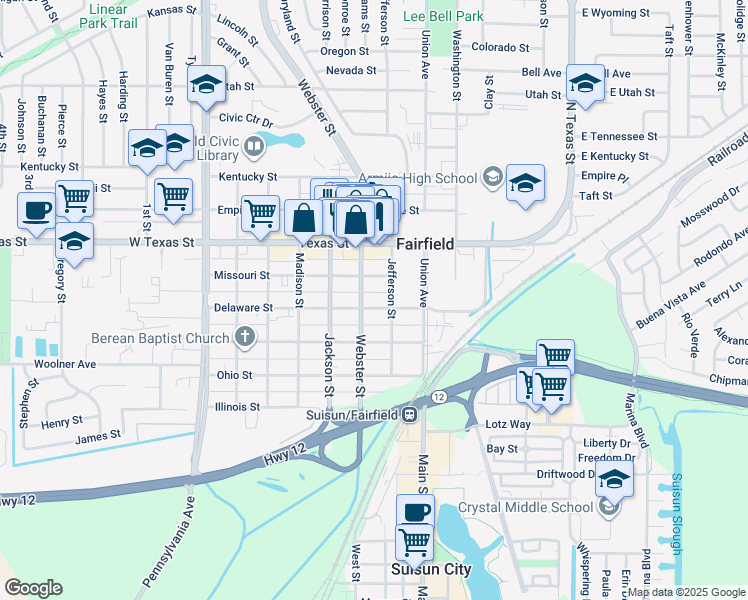 map of restaurants, bars, coffee shops, grocery stores, and more near 735 Delaware Street in Fairfield