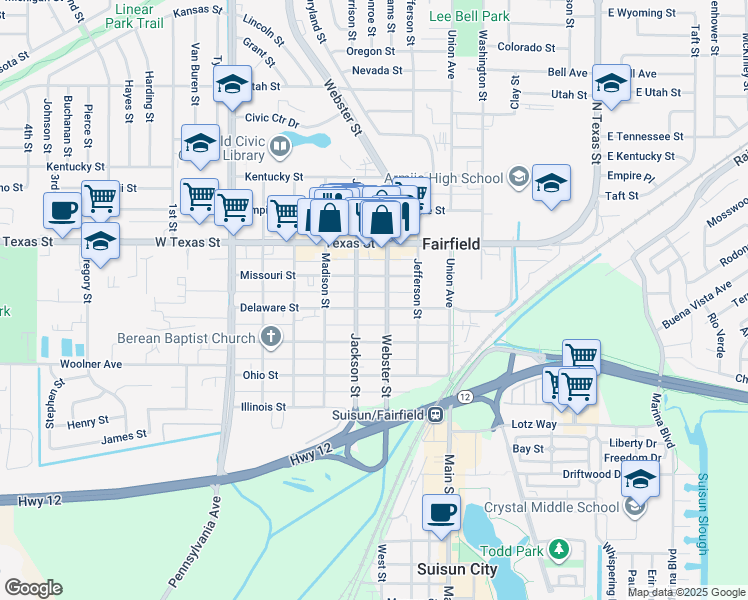 map of restaurants, bars, coffee shops, grocery stores, and more near 891 Delaware Street in Fairfield