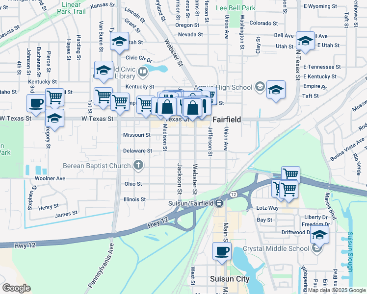 map of restaurants, bars, coffee shops, grocery stores, and more near 891 Delaware Street in Fairfield