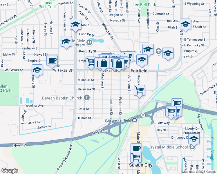 map of restaurants, bars, coffee shops, grocery stores, and more near 891 Delaware Street in Fairfield