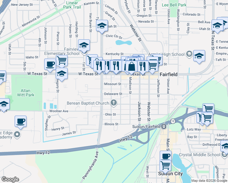 map of restaurants, bars, coffee shops, grocery stores, and more near 1107 Delaware Street in Fairfield