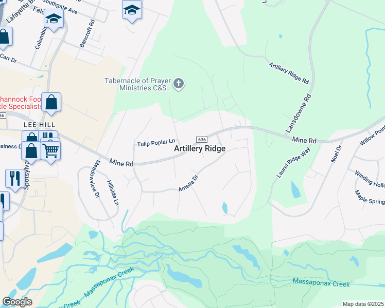 map of restaurants, bars, coffee shops, grocery stores, and more near 4228 Mine Road in Fredericksburg