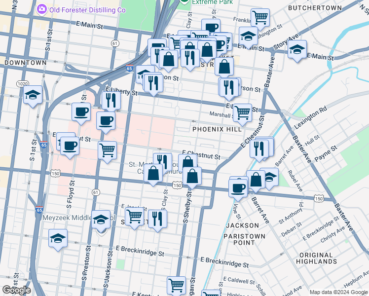 map of restaurants, bars, coffee shops, grocery stores, and more near 728 East Chestnut Street in Louisville