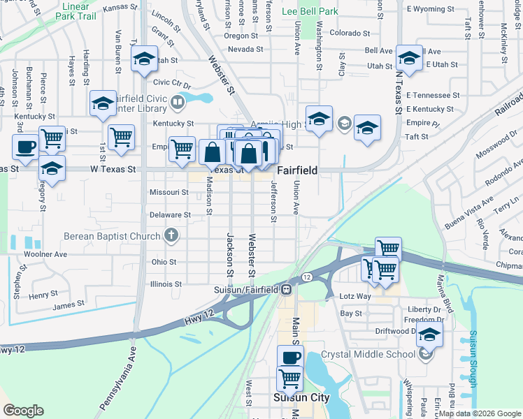 map of restaurants, bars, coffee shops, grocery stores, and more near 728 Delaware Street in Fairfield
