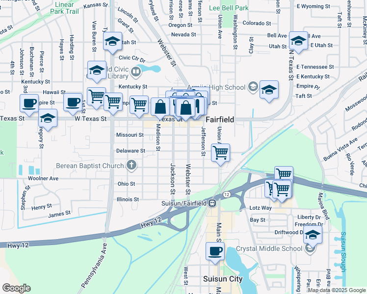 map of restaurants, bars, coffee shops, grocery stores, and more near 735 Delaware Street in Fairfield