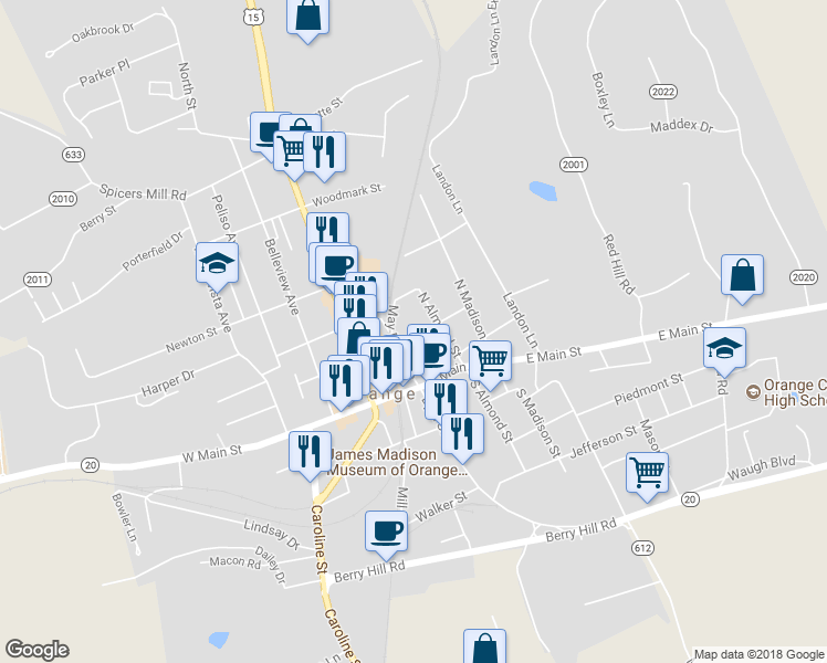 map of restaurants, bars, coffee shops, grocery stores, and more near 157 Barbour Street in Orange