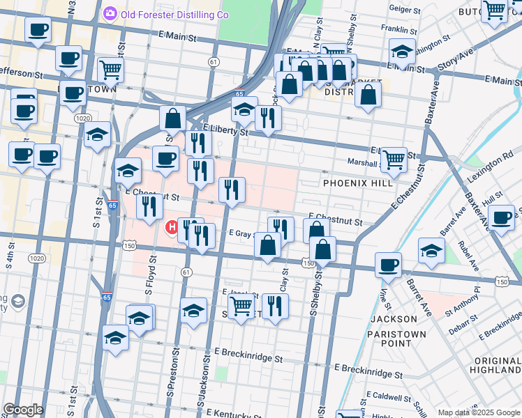 map of restaurants, bars, coffee shops, grocery stores, and more near East Chestnut Street in Louisville
