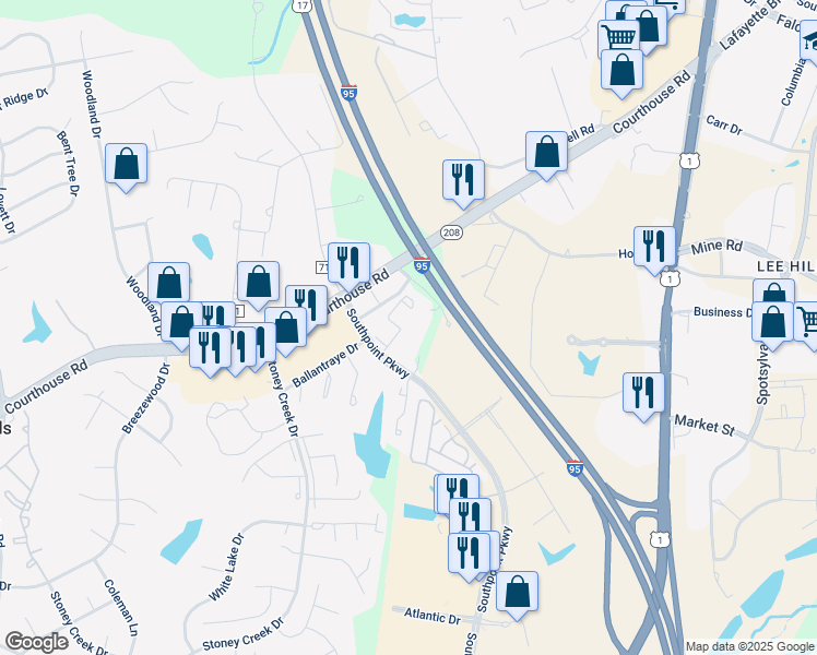 map of restaurants, bars, coffee shops, grocery stores, and more near 10601 Greta Lynn Court in Fredericksburg