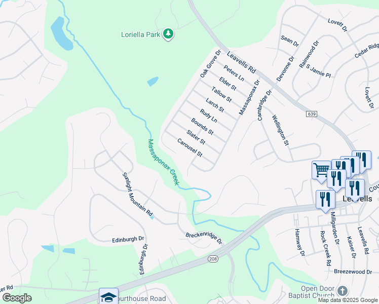 map of restaurants, bars, coffee shops, grocery stores, and more near 5512 Carousel Street in Fredericksburg