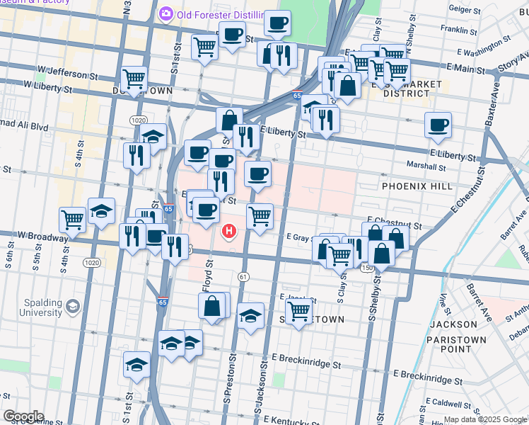 map of restaurants, bars, coffee shops, grocery stores, and more near 414 East Chestnut Street in Louisville