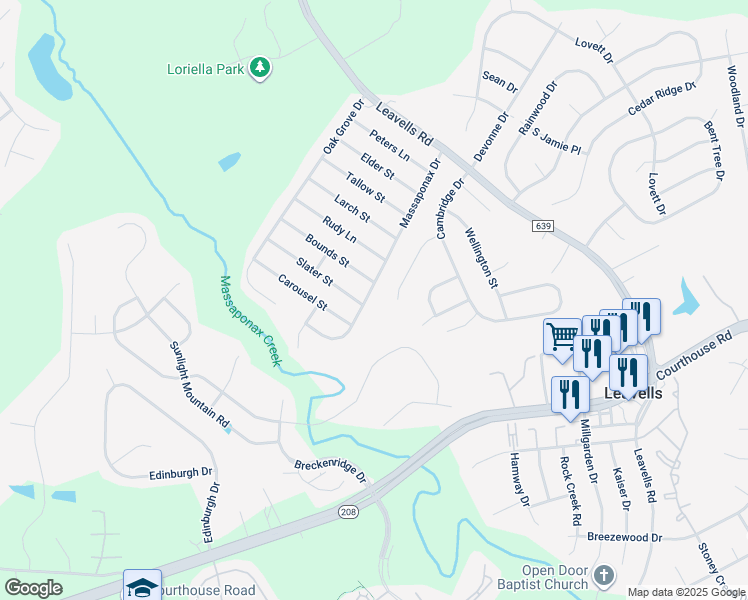 map of restaurants, bars, coffee shops, grocery stores, and more near 6110 Massaponax Drive in Fredericksburg