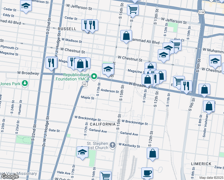 map of restaurants, bars, coffee shops, grocery stores, and more near 1510 Anderson Street in Louisville