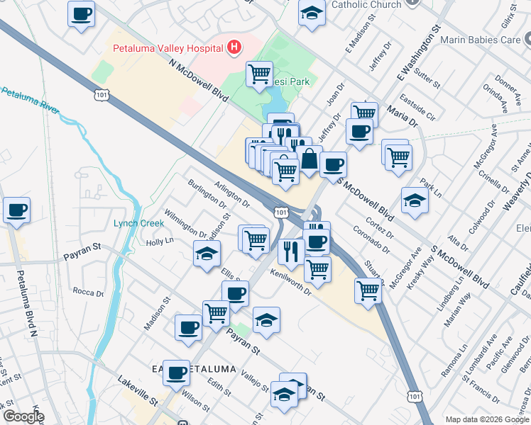 map of restaurants, bars, coffee shops, grocery stores, and more near 141 Arlington Drive in Petaluma