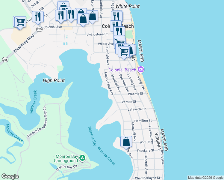 map of restaurants, bars, coffee shops, grocery stores, and more near 204 Monroe Bay Avenue in Colonial Beach