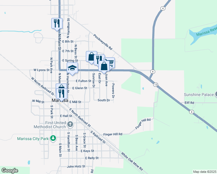map of restaurants, bars, coffee shops, grocery stores, and more near 117 Powers Drive in Marissa