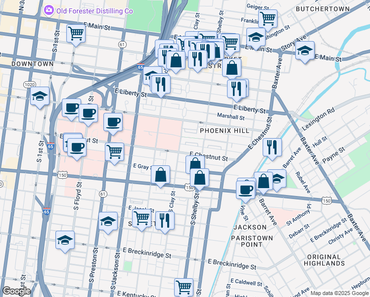 map of restaurants, bars, coffee shops, grocery stores, and more near 728 East Chestnut Street in Louisville