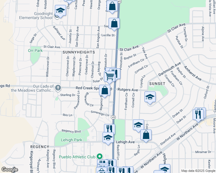 map of restaurants, bars, coffee shops, grocery stores, and more near 1104 Pueblo Boulevard Way in Pueblo