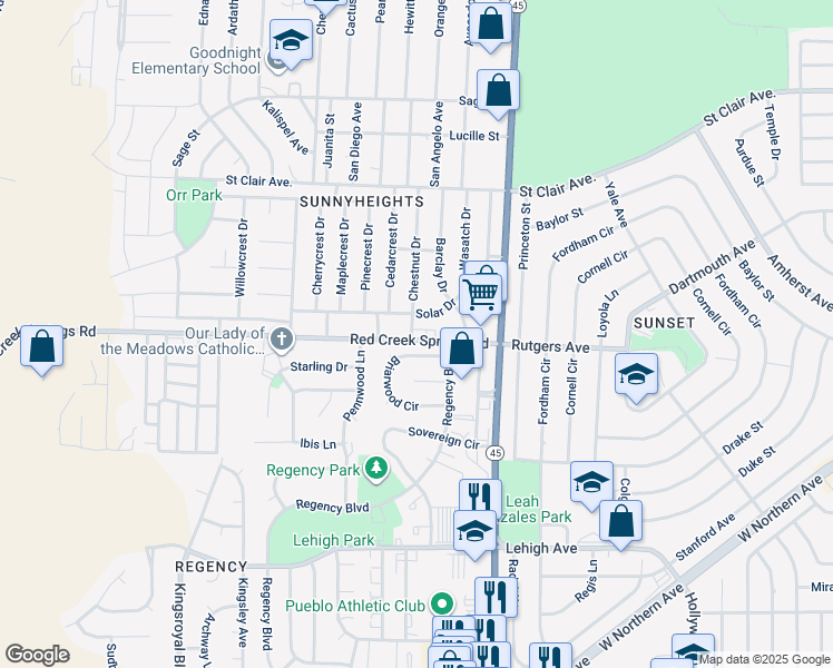 map of restaurants, bars, coffee shops, grocery stores, and more near 13 Briarwood Circle in Pueblo