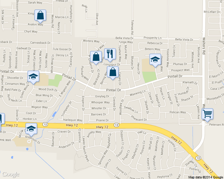 map of restaurants, bars, coffee shops, grocery stores, and more near 1032 Pintail Drive in Suisun City
