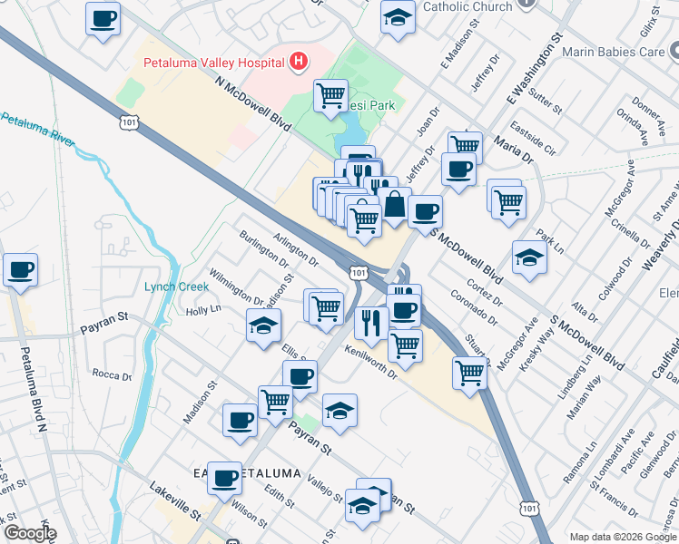 map of restaurants, bars, coffee shops, grocery stores, and more near 141 Arlington Drive in Petaluma