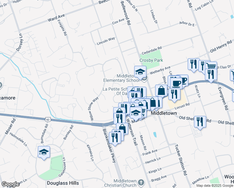 map of restaurants, bars, coffee shops, grocery stores, and more near 324 Heritage Hill Trail in Louisville