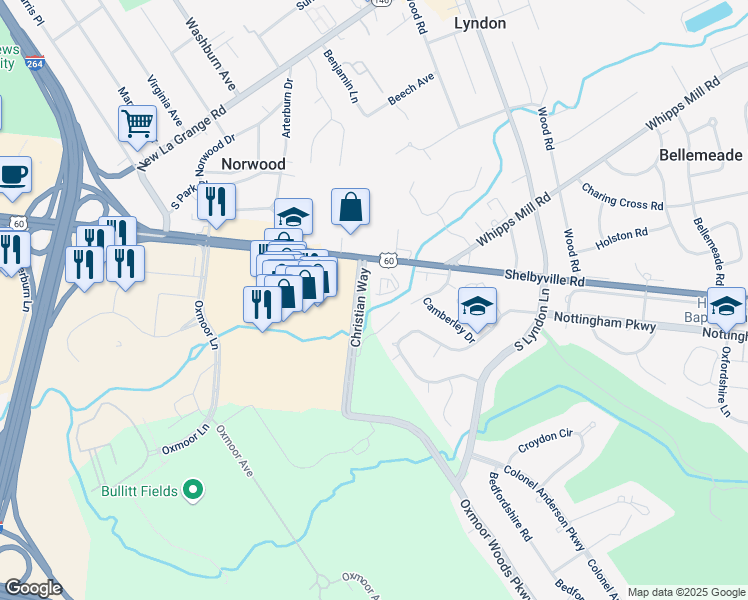 map of restaurants, bars, coffee shops, grocery stores, and more near 128 Christian Court in Louisville