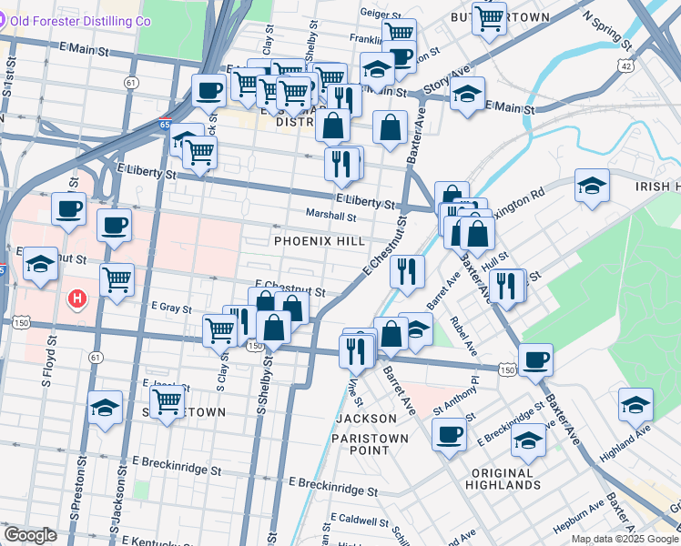 map of restaurants, bars, coffee shops, grocery stores, and more near 941 East Chestnut Street in Louisville