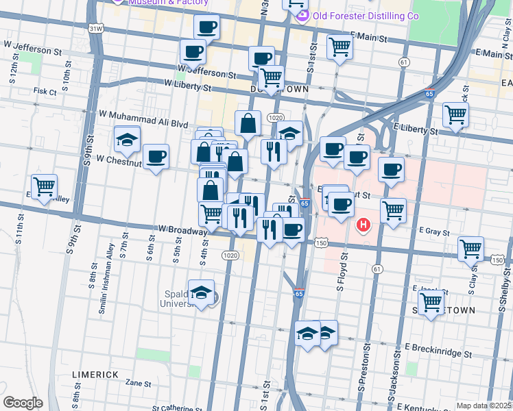 map of restaurants, bars, coffee shops, grocery stores, and more near 642 South 2nd Street in Louisville