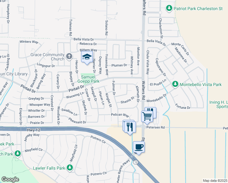 map of restaurants, bars, coffee shops, grocery stores, and more near Fulmar Dr & Amador Way in Suisun City