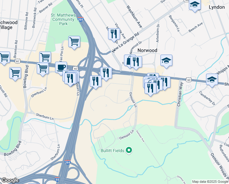 map of restaurants, bars, coffee shops, grocery stores, and more near 110 Oxmoor Lane in Louisville