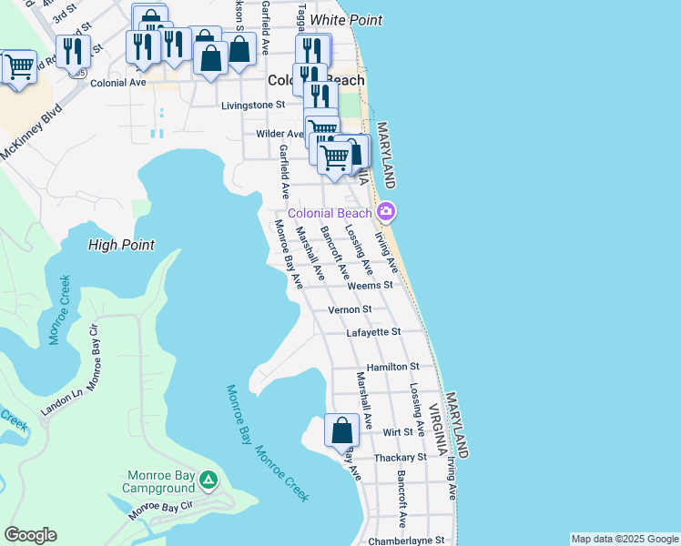 map of restaurants, bars, coffee shops, grocery stores, and more near 211 Bancroft Avenue in Colonial Beach